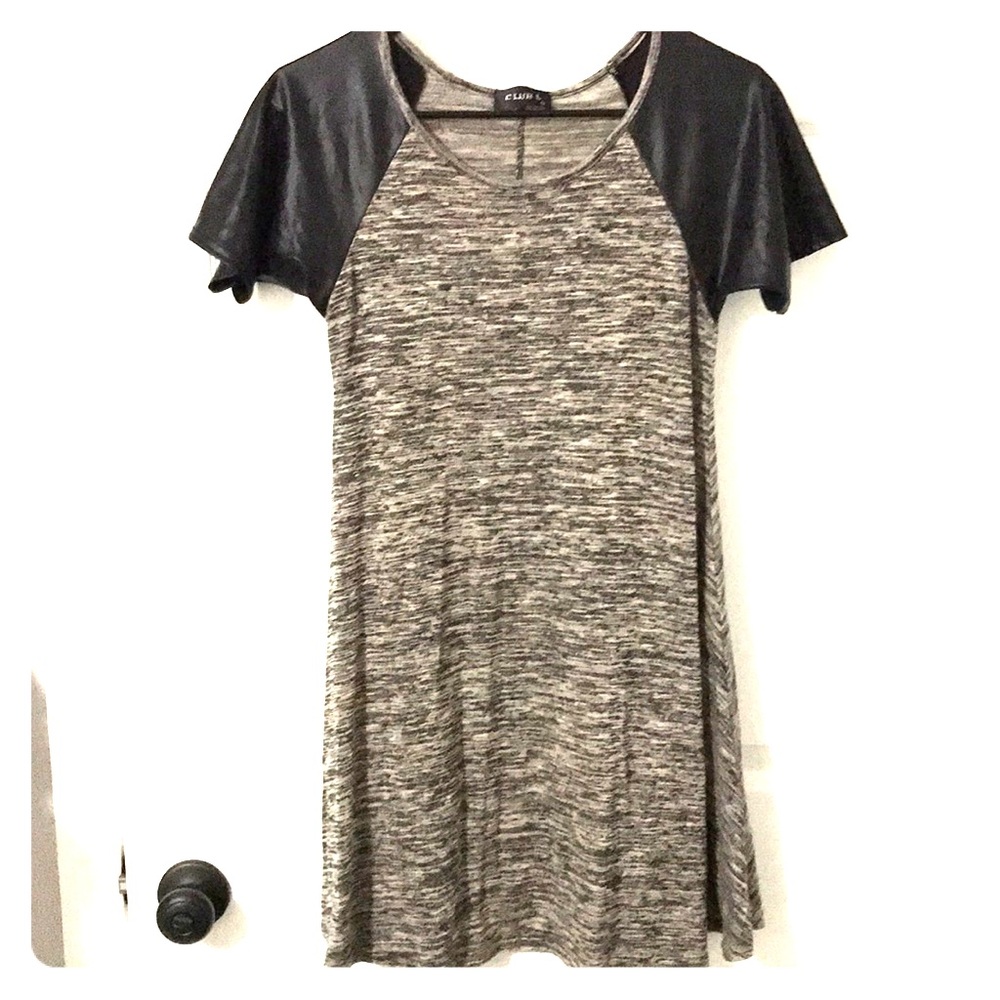 Dress with leather sleeves